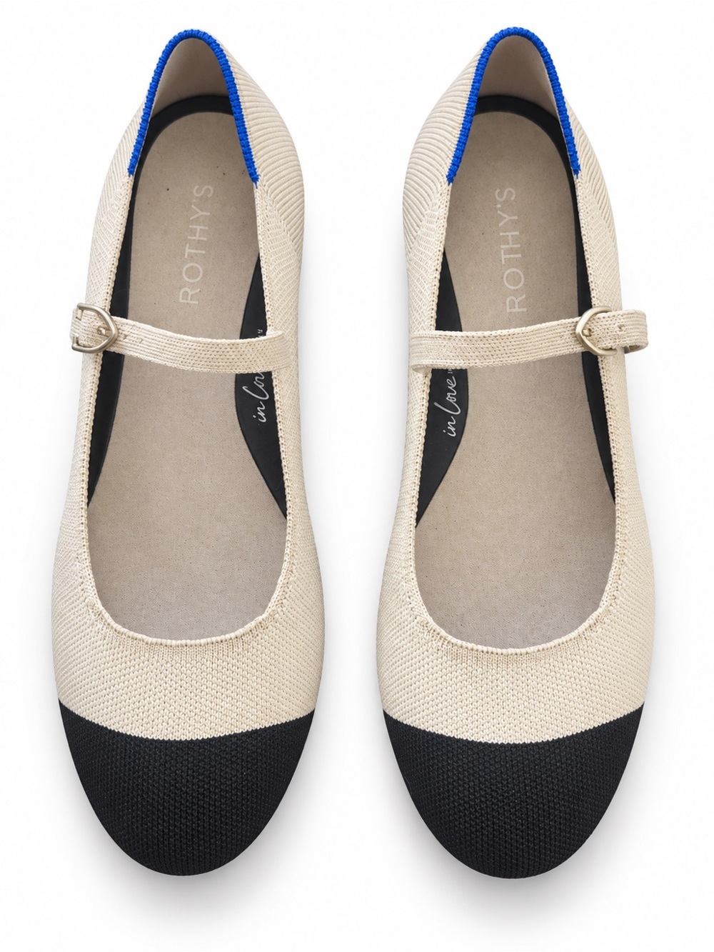 Rothy's Cream Knit Mary Jane Flats with Black Cap Toe
